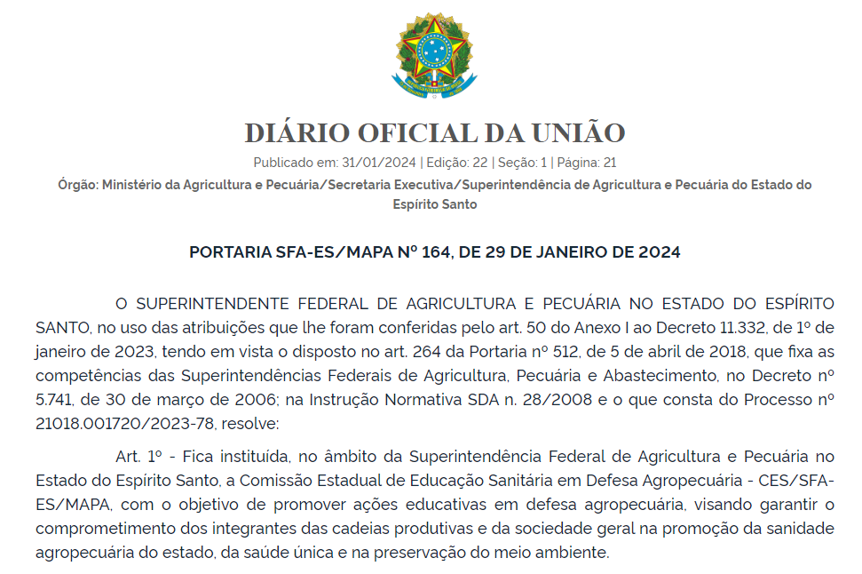 Comissão Estadual de Educação Sanitária em Defesa Agropecuária é criada no Espírito Santo